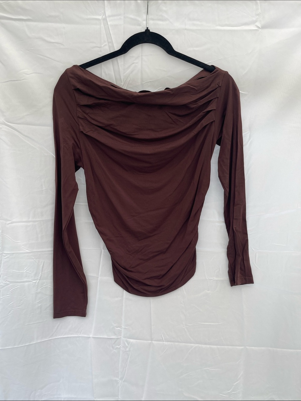 Draped Boatneck Long-Sleeve Top in Chocolate Brown